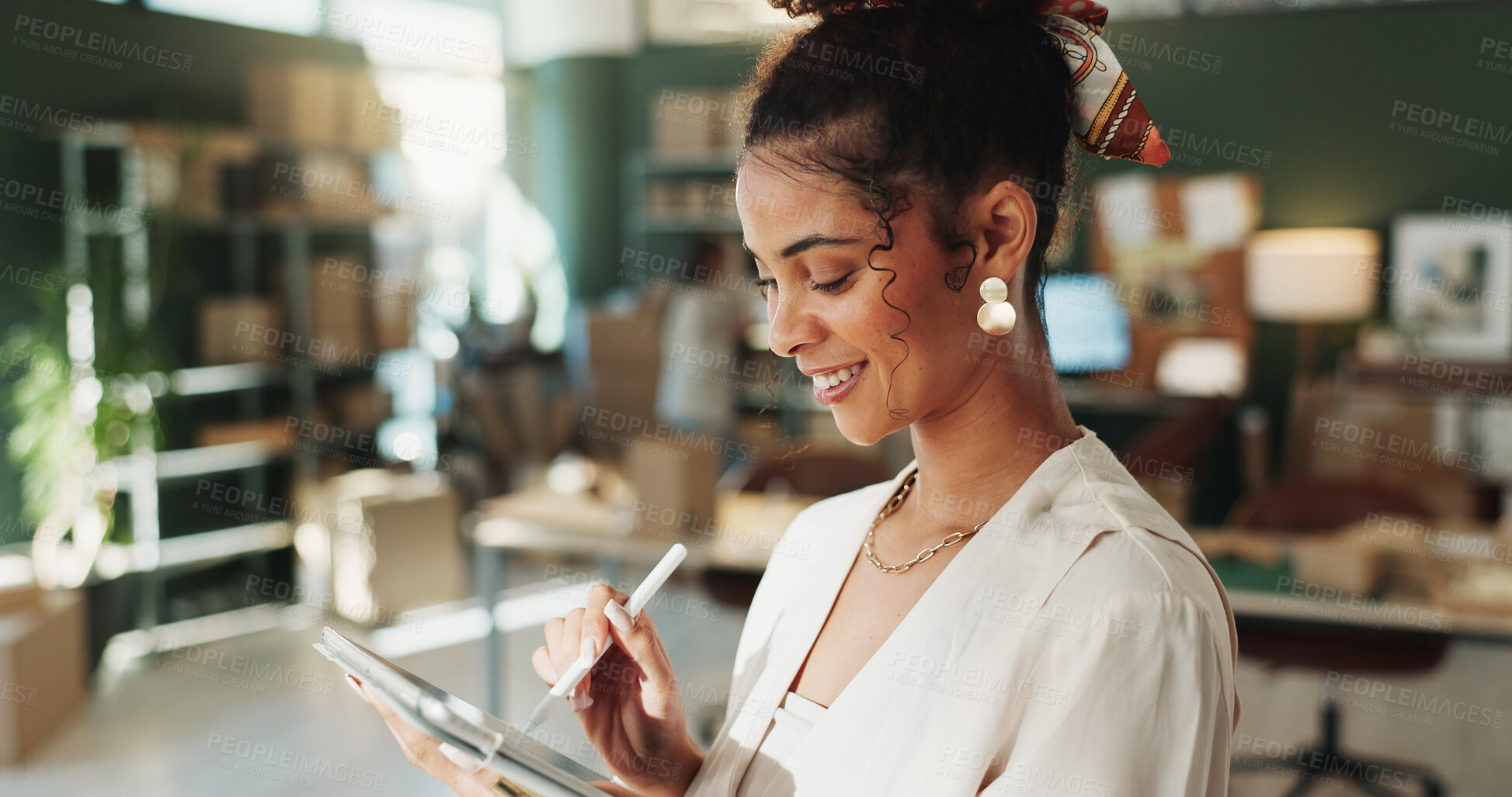 Buy stock photo Happy, dropshipping and woman on tablet in office for delivery schedule, supply chain and distribution. Small business, startup and person on tech for supplier service, orders and online inventory