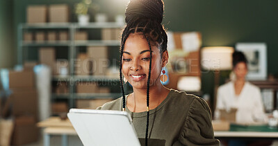 Buy stock photo Fashion, dropshipping and woman on tablet in office for online orders, supply chain and distribution. Small business, startup and person on tech for supplier service, delivery and check inventory