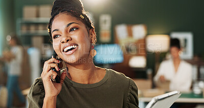 Buy stock photo Happy, woman and tablet with phone call for shipping or delivery schedule, confirm route and staff. Small business, person and mobile chat for logistics rate negotiation, tracking courier and update