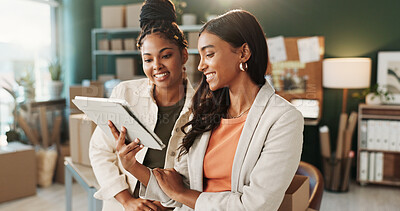 Buy stock photo Fashion, meeting and women on tablet for shipping schedule, supply chain and distribution. Small business, teamwork and people on tech for supplier service, delivery update and online inventory