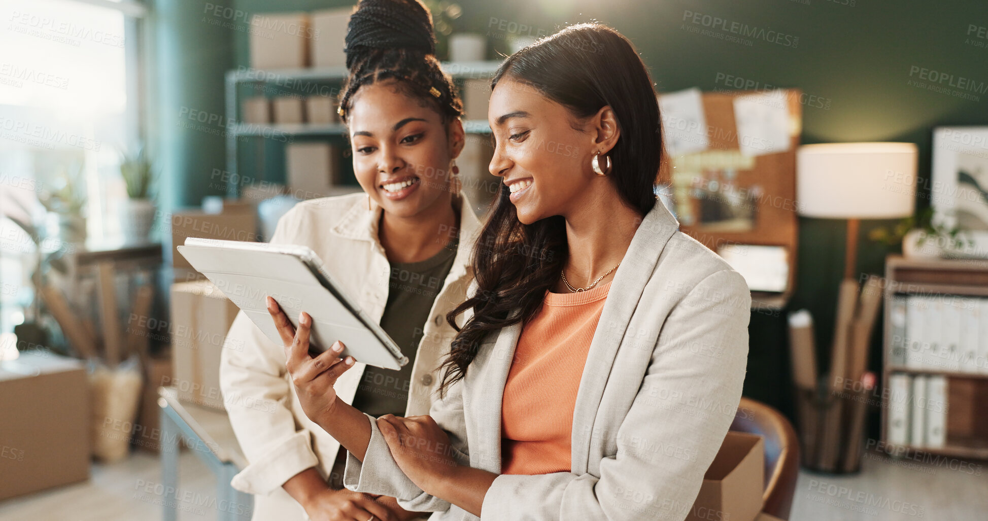 Buy stock photo Fashion, meeting and women on tablet for shipping schedule, supply chain and distribution. Small business, teamwork and people on tech for supplier service, delivery update and online inventory