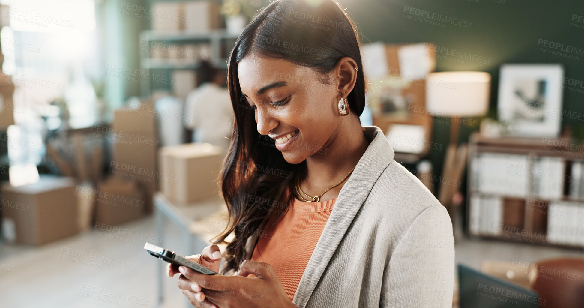Buy stock photo Small business, woman or smile with phone in logistics to track shipment, customer update or email. Startup, happy owner or mobile chat for delivery invoice review, shipping inventory or online order
