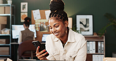 Buy stock photo Small business, woman or happy with phone in logistics to track delivery, customer update or email. Startup staff, person and mobile to check cargo invoice, online order and reading positive review