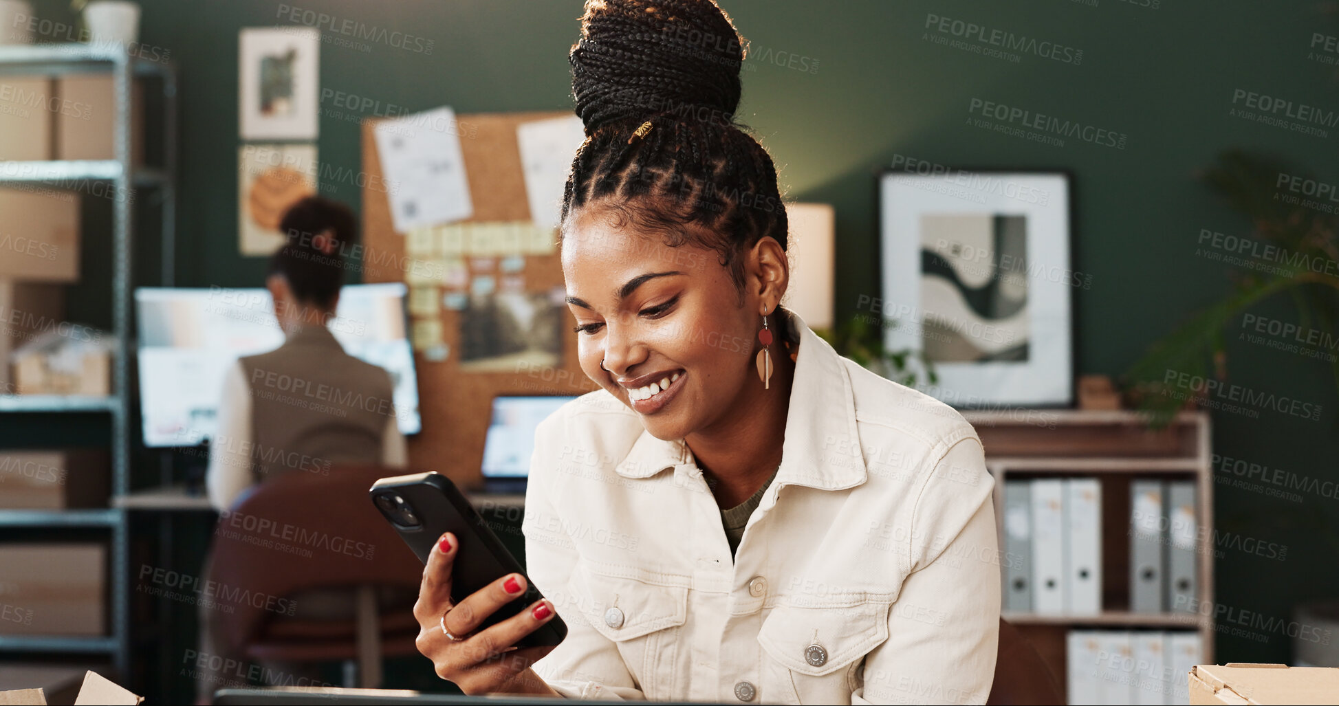 Buy stock photo Small business, woman or happy with phone in logistics to track delivery, customer update or email. Startup staff, person and mobile to check cargo invoice, online order and reading positive review