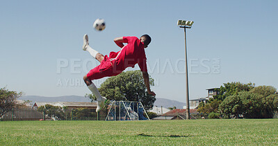 Buy stock photo Man, kick and ball on field for soccer, fitness skills and match practice for competition. Male person, jump or action with equipment at park for football, exercise and training for sports tournament