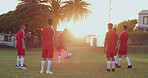 Athlete, people and ball on field for soccer, fitness and match practice for competition. Men, playing and drill technique at park for football, exercise and training for sports tournament with team