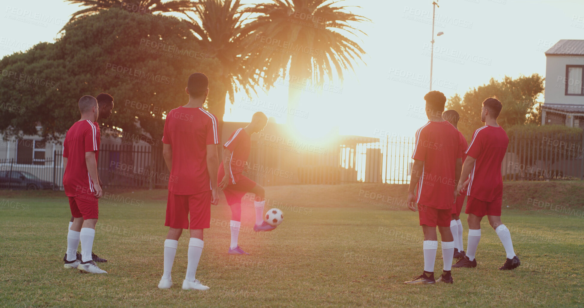 Buy stock photo Athlete, people and ball on field for soccer, fitness and match practice for competition. Men, playing and drill technique at park for football, exercise and training for sports tournament with team