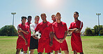 Portrait, athlete and people on field for soccer, fitness and match practice for competition. Serious, men and confidence at park for football, exercise and training for sports tournament with team