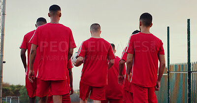 Buy stock photo Athlete, people and walking on field for soccer, fitness and match practice for competition. Back, men and footballer at park for football, game formation and training for sports tournament with team