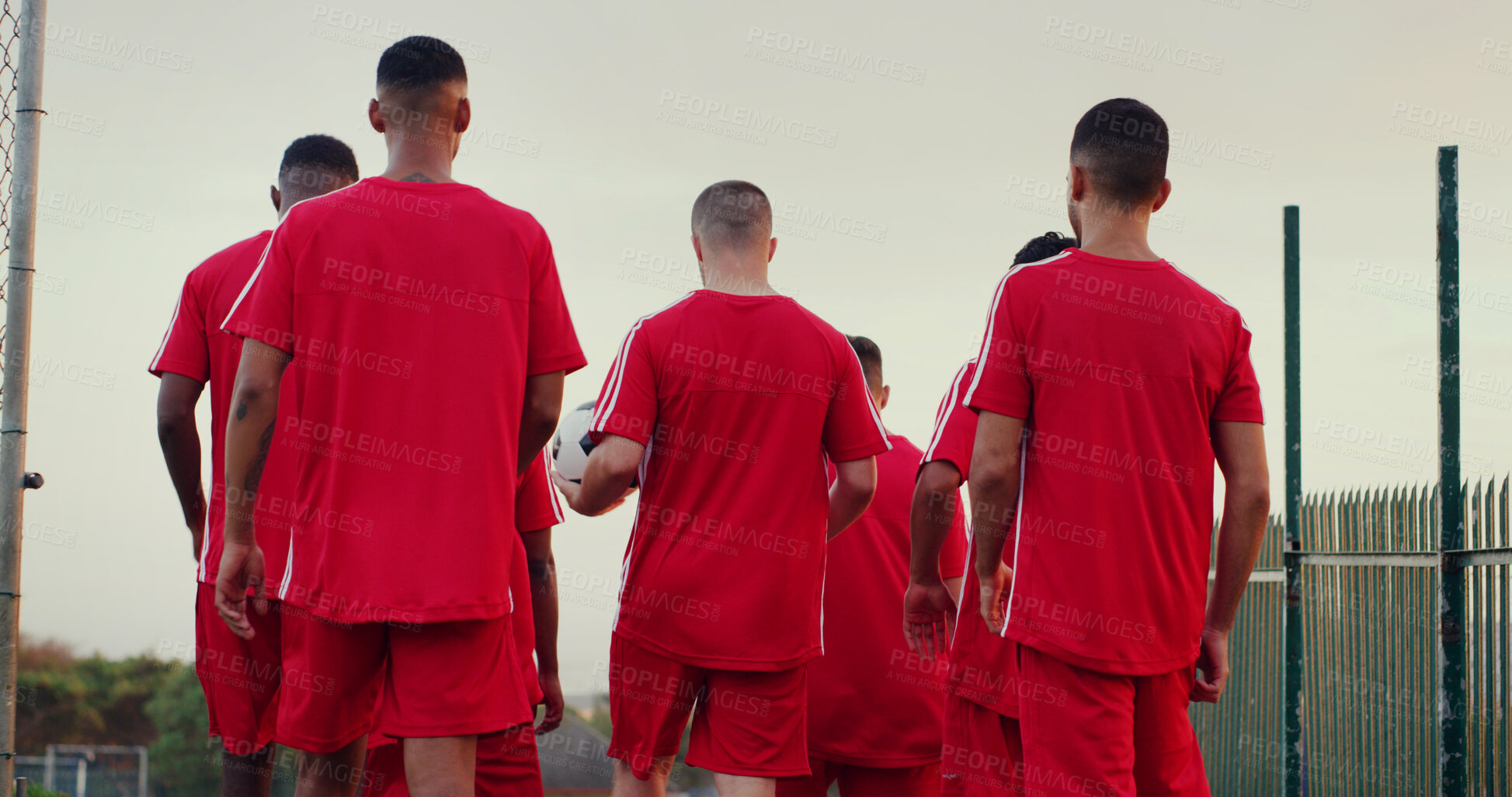 Buy stock photo Athlete, people and walking on field for soccer, fitness and match practice for competition. Back, men and footballer at park for football, game formation and training for sports tournament with team