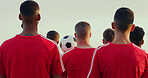 Back, athlete and people outdoor for soccer, fitness and match practice for competition. Men, ball and players in nature for football, game formation and preparation for sports tournament with team