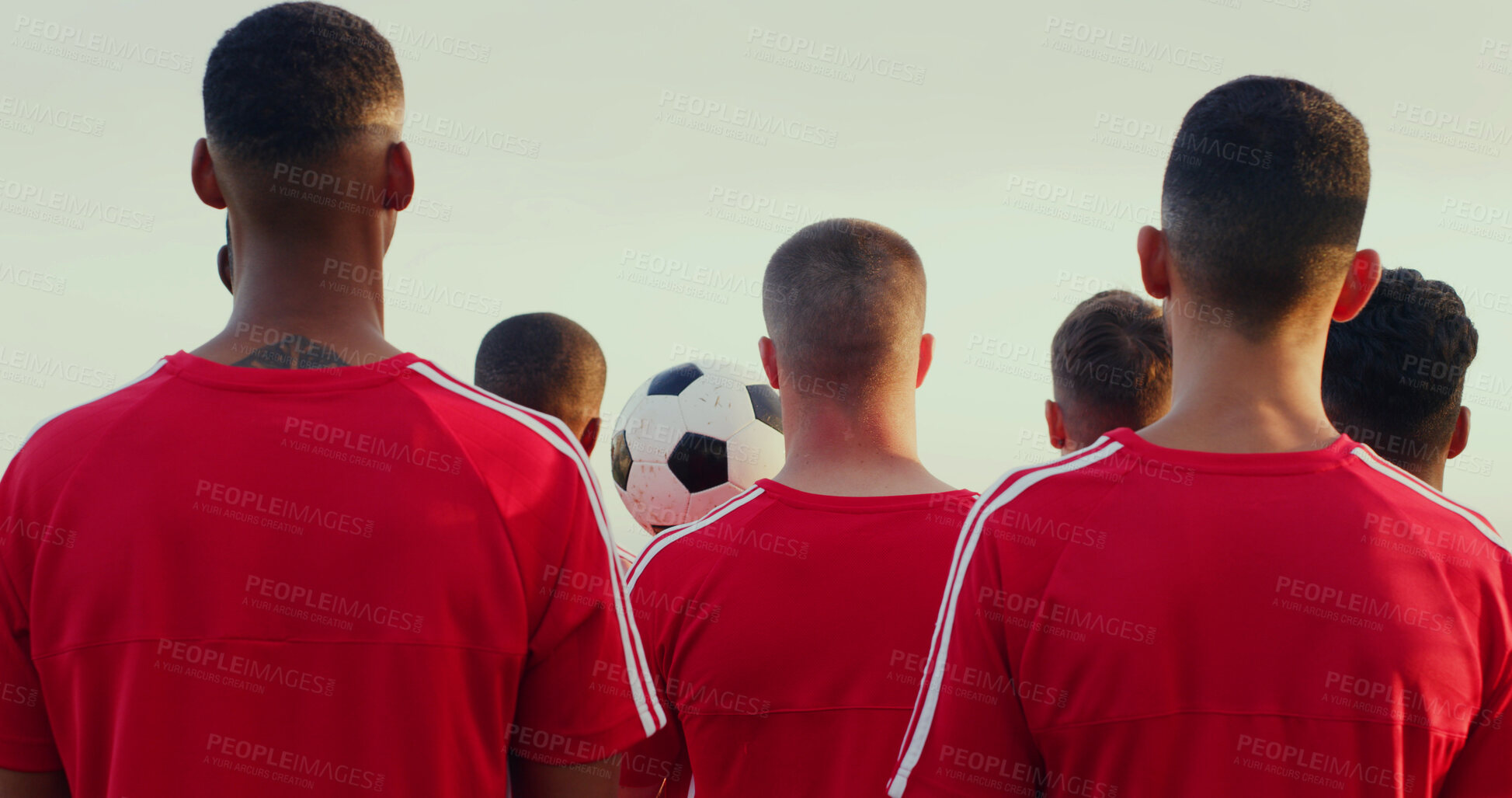 Buy stock photo Back, athlete and people outdoor for soccer, fitness and match practice for competition. Men, ball and players in nature for football, game formation and preparation for sports tournament with team