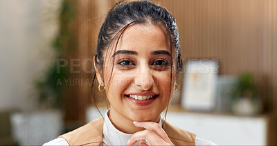 Buy stock photo Freelancer, portrait and woman in home office with smile for talent agent, about us and opportunity. Creative, influencer marketing and person with remote work for pride, confidence or ad campaign