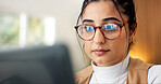 Woman, graphs and remote work at house with laptop, data analysis and finance report for audit. Person, freelancer and glasses reflection in home with tech, metrics and financial stats of company kpi