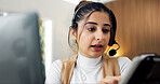 Telemarketing, headset and woman with tablet in home office, talking and communication with contact. Remote work, consultation and person with mic for discussion, lead generation and sales in house