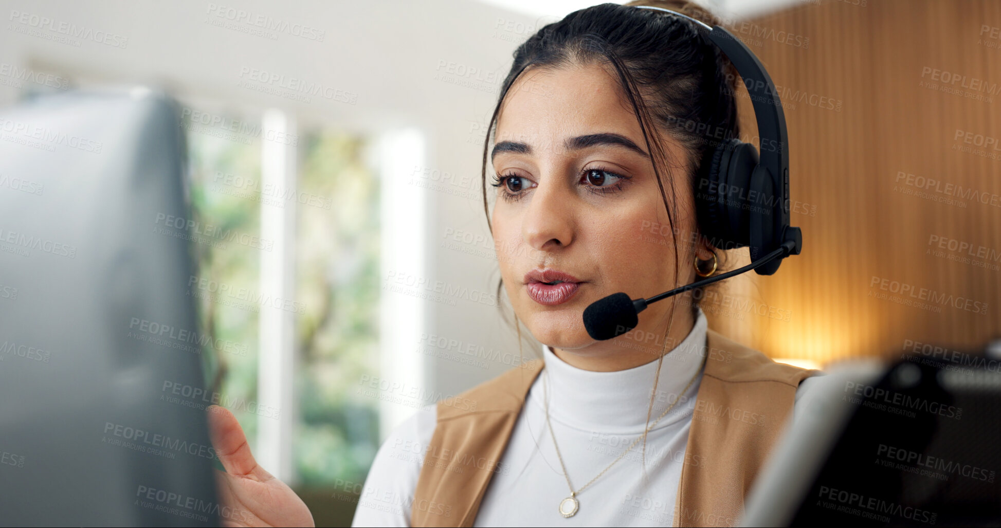 Buy stock photo Headset, woman and consultant in home office for call center, crm or online consultation with contact us. Mic, remote work and virtual assistant with query for customer service, help desk or support.