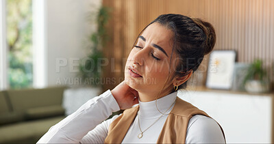 Buy stock photo Stress, woman and discomfort in home with neck pain, inflammation and symptoms of fibromyalgia. Worry, female person and uncomfortable at house with muscle stiffness, joint strain and pinched nerve