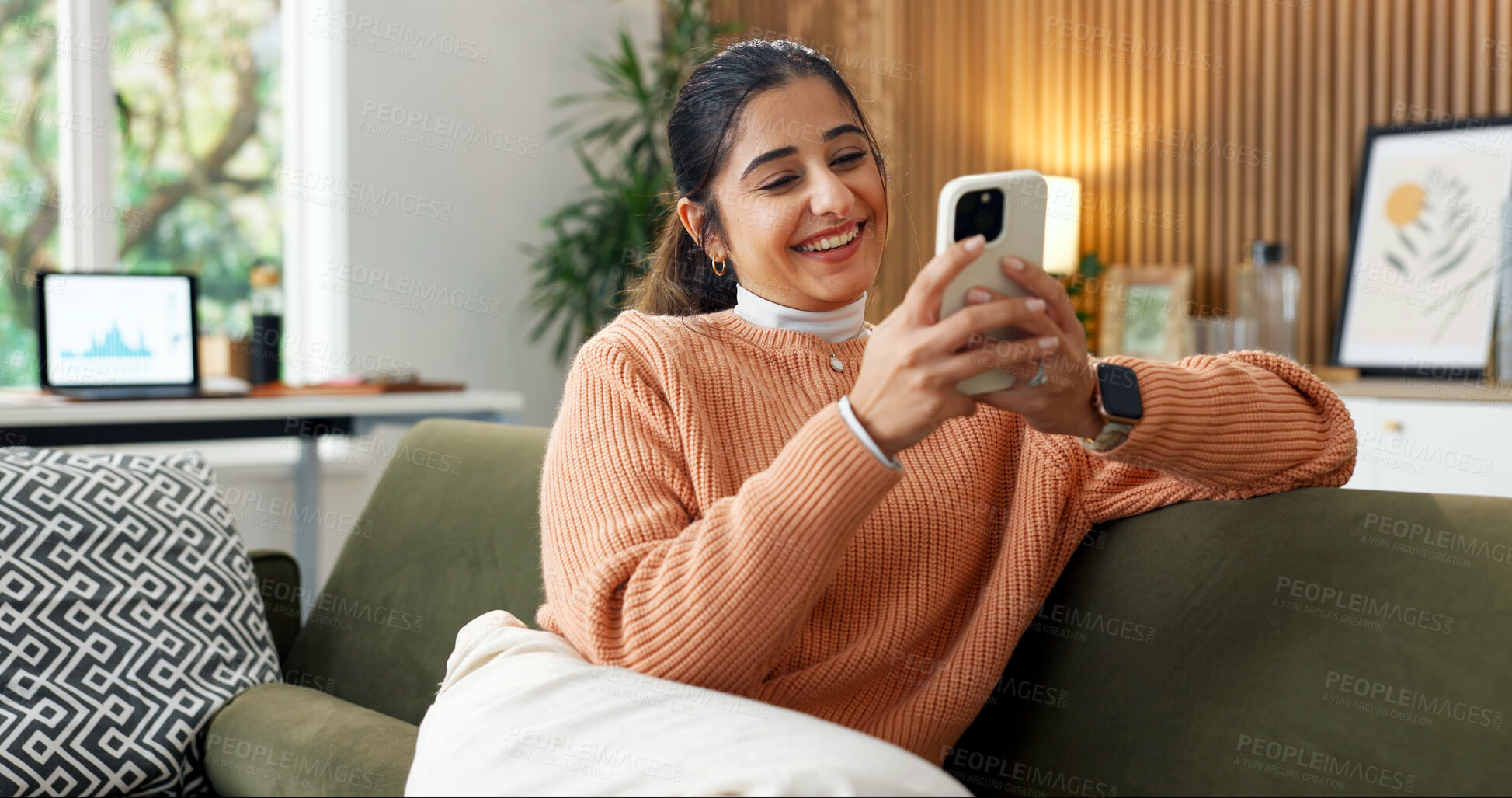 Buy stock photo Happy, typing and woman on sofa with phone, online conversation and message notification on weekend. Home, smile and person relax with cellphone for internet, website and social media in living room