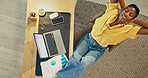 Relax, laptop and above of black woman in home for tax submission, budget planning and deadline. Happy, documents and person with computer for productivity, rest and finish with financial report