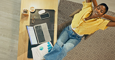Buy stock photo Relax, laptop and above of black woman in home for tax submission, budget planning and deadline. Happy, documents and person with computer for productivity, rest and finish with financial report