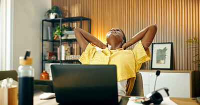 Buy stock photo Finish, laptop and black woman relax in home for remote work, break and done with submission. Happy, stretching and person with computer for productivity, rest or complete task for copywriting career