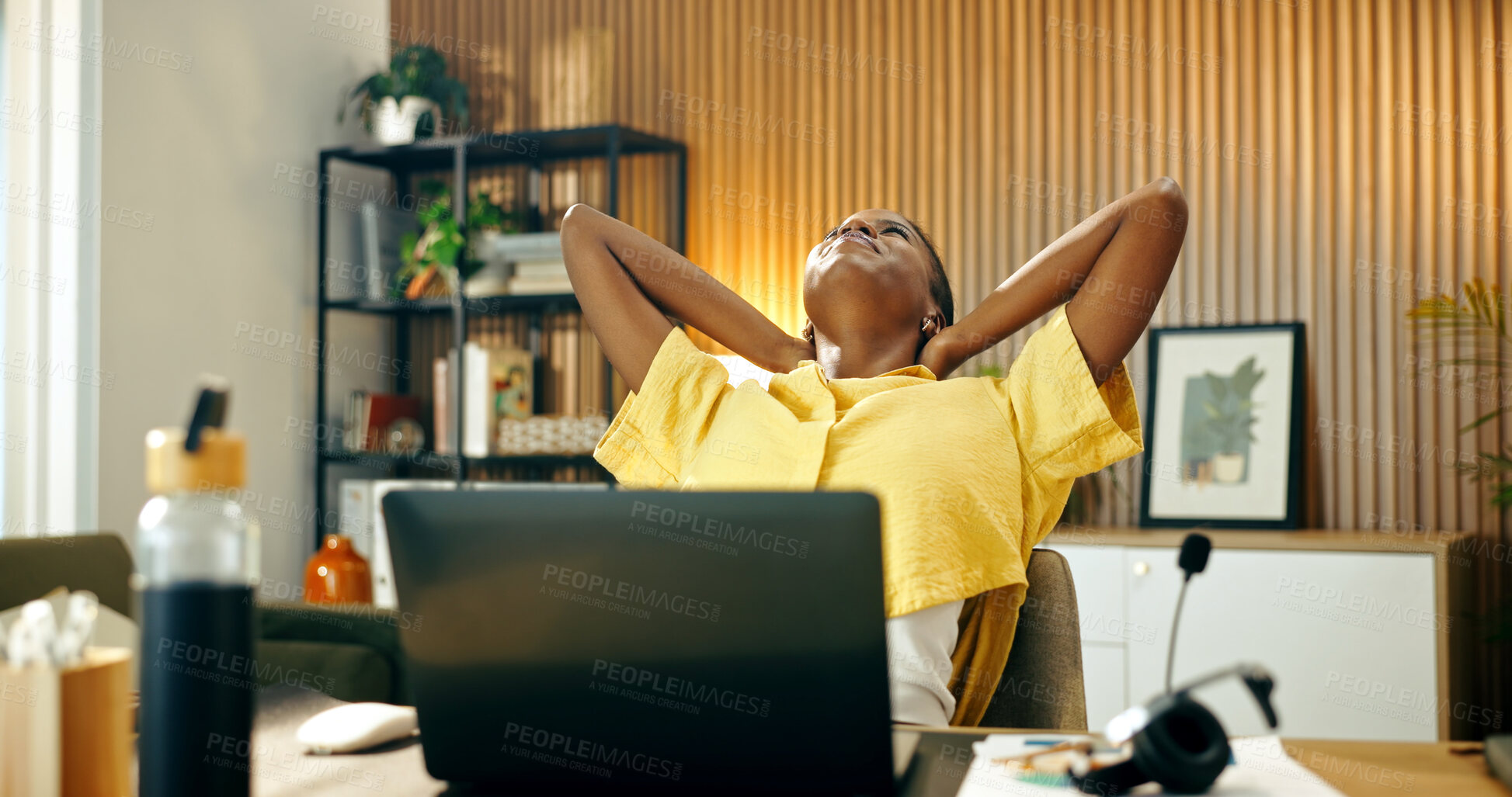Buy stock photo Finish, laptop and black woman relax in home for remote work, break and done with submission. Happy, stretching and person with computer for productivity, rest or complete task for copywriting career