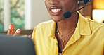 Woman, headset and mouth for remote work with laptop, customer service and agent for crm. Person, freelancer and discussion with pc at house, assistance and telecom representative for online inquiry