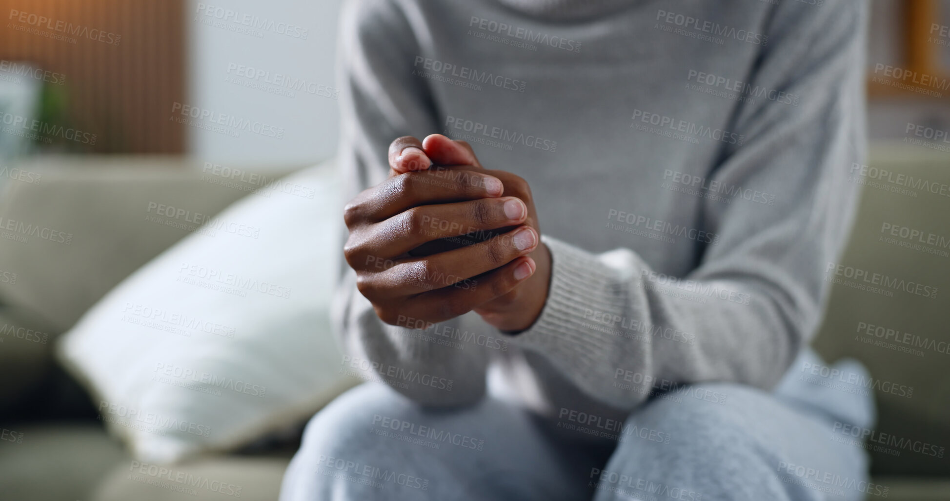 Buy stock photo Anxiety, sofa and hands of woman for therapy, counseling session and help for mental health. Psychology, overthinking and person with nervous, overwhelmed and worry for decision, future and mistake