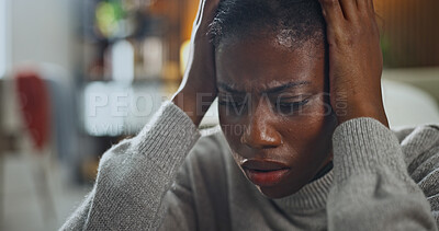Buy stock photo Black woman, anxiety and burnout in living room for fear, overthinking or loss with pressure or phobia. Trauma, panic or female person with depression in home with stress for mental health crisis