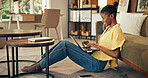 Creative, research and woman with laptop in lounge, digital marketing and freelance campaign on web. Happy, black person and editing article with tech, social media manager and remote work in house