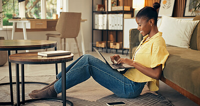 Buy stock photo Creative, research and woman with laptop in lounge, digital marketing and freelance campaign on web. Happy, black person and editing article with tech, social media manager and remote work in house