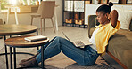 Finish, laptop and black woman on floor relax for remote work, break and done with submission. Happy, home and person with computer for productivity, rest and satisfaction for copywriting career
