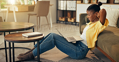 Buy stock photo Finish, laptop and black woman on floor relax for remote work, break and done with submission. Happy, home and person with computer for productivity, rest and satisfaction for copywriting career