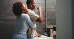 Dental, hug or couple in bathroom with toothbrush, mouth wellness or bonding with oral care. Love, tool or people in house with embrace, teeth whitening or hygiene routine with romantic connection.