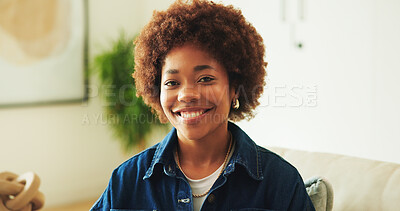 Buy stock photo Wellness, happy and black woman on couch with portrait, positive attitude and optimism on day off. Wellbeing, smile and person in home with good mood, confidence and satisfaction in living room.