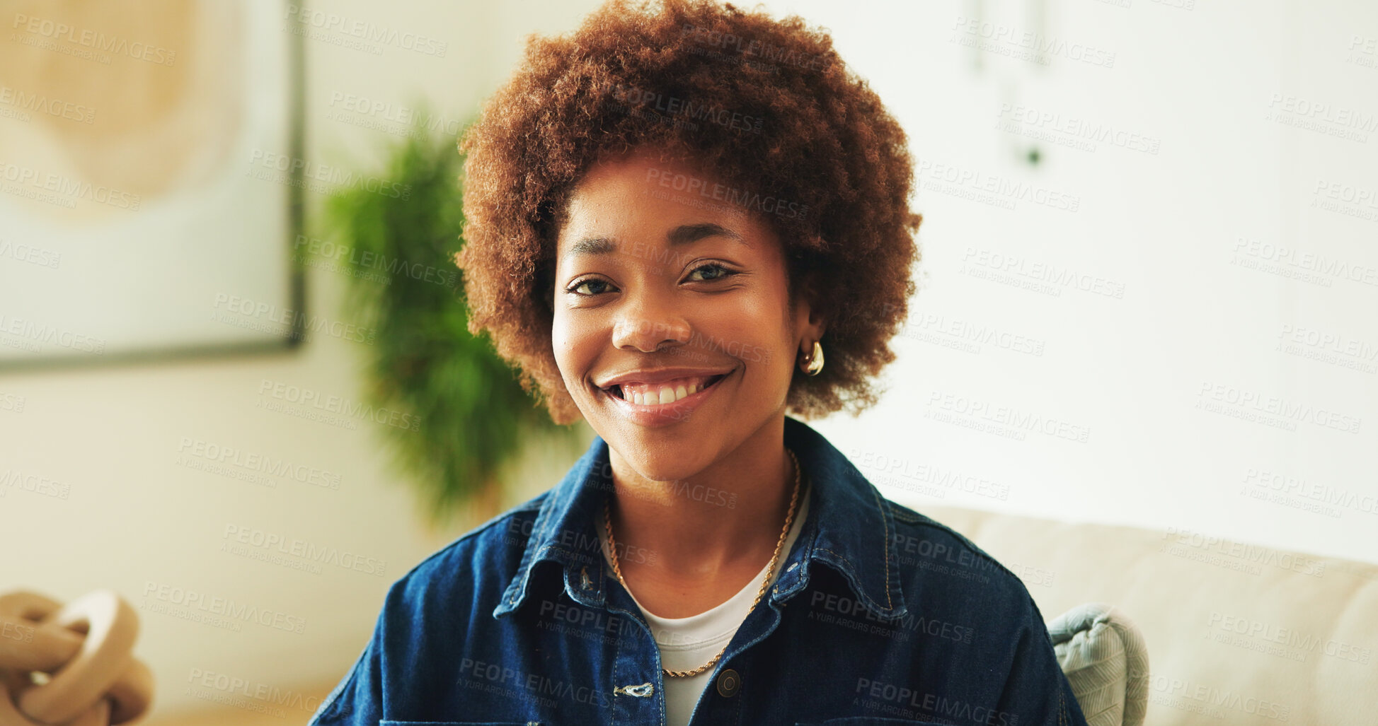 Buy stock photo Wellness, happy and black woman on couch with portrait, positive attitude and optimism on day off. Wellbeing, smile and person in home with good mood, confidence and satisfaction in living room.