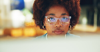 Buy stock photo Portrait, woman and student in home with computer, research and studying for education. Serious, African person or glasses at house with tech, scholarship and online application for university course