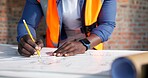 Hands, paperwork and drawing on construction site with architect, design and urban infrastructure. Engineer person, blueprint and floor plan for contactor, property development or project management