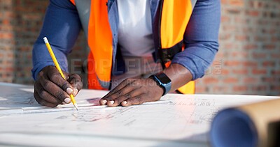 Buy stock photo Hands, paperwork and drawing on construction site with architect, design and urban infrastructure. Engineer person, blueprint and floor plan for contactor, property development or project management