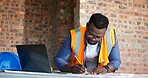 Black man, blueprint and drawing at construction site for engineer, planning and urban infrastructure. Floor plan, paperwork and laptop for contactor, property development and project management