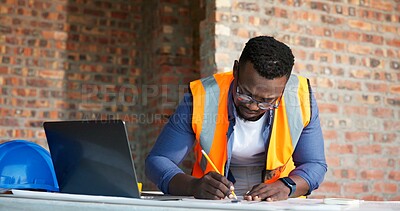 Buy stock photo Black man, blueprint and drawing at construction site for engineer, planning and urban infrastructure. Floor plan, paperwork and laptop for contactor, property development and project management