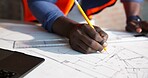 Hands, floor plan and drawing at construction site for engineer, design and urban infrastructure. Architect person, paperwork and blueprint for contactor, property development or project management