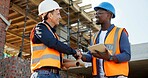 Team, handshake and tablet with people on construction site for blueprint approval, renovation and planning. Shaking hands, engineering feedback and project agreement with men at building inspection
