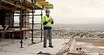 Man, scaffolding and construction worker on site with tablet for email feedback on renovation. Digital technology, infrastructure and civil engineer with contact for approval on building or repairs.