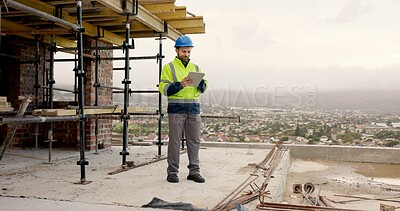 Buy stock photo Man, scaffolding and construction worker on site with tablet for email feedback on renovation. Digital technology, infrastructure and civil engineer with contact for approval on building or repairs.
