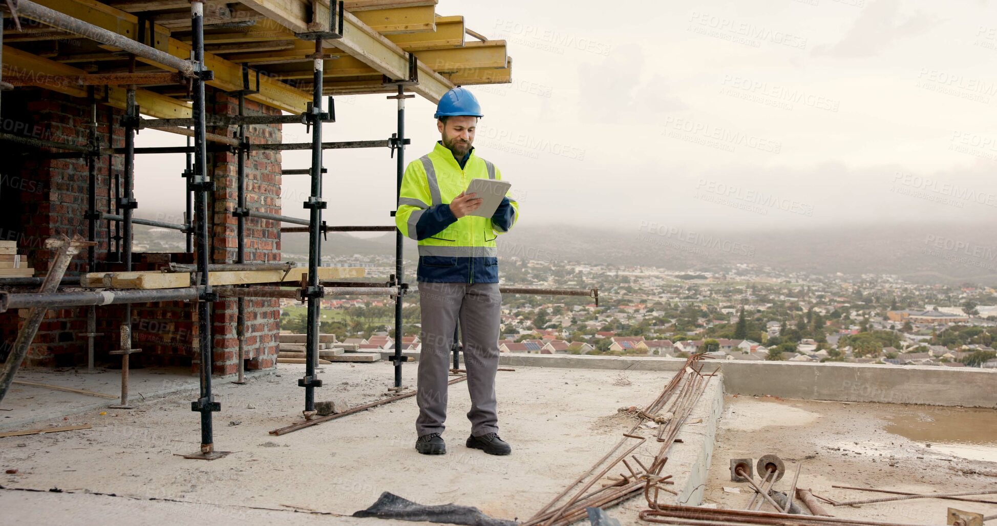 Buy stock photo Man, scaffolding and construction worker on site with tablet for email feedback on renovation. Digital technology, infrastructure and civil engineer with contact for approval on building or repairs.