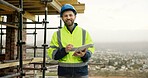 Tablet, man and portrait of construction worker on site with confidence for renovation on building. Digital technology, scaffolding and male civil engineer with pride for research on infrastructure.