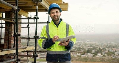 Buy stock photo Tablet, man and portrait of construction worker on site with confidence for renovation on building. Digital technology, scaffolding and male civil engineer with pride for research on infrastructure.