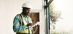 Black man, new home and tablet for renovation, inspection or real estate maintenance for report. Person, digital tech or scroll for architectural planning in house with property remodeling or upgrade