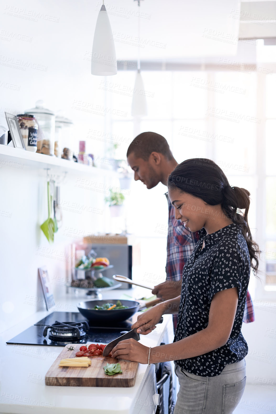 Buy stock photo Cooking, ingredients and couple in kitchen at house for diet, healthy or wellness dinner on weekend. Vegetables, happy and man with woman for preparing supper, meal or food together in apartment.